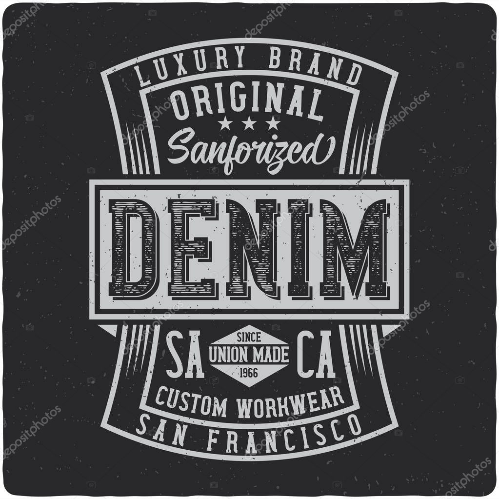 Denim vintage label logo with lettering composition on dark background.