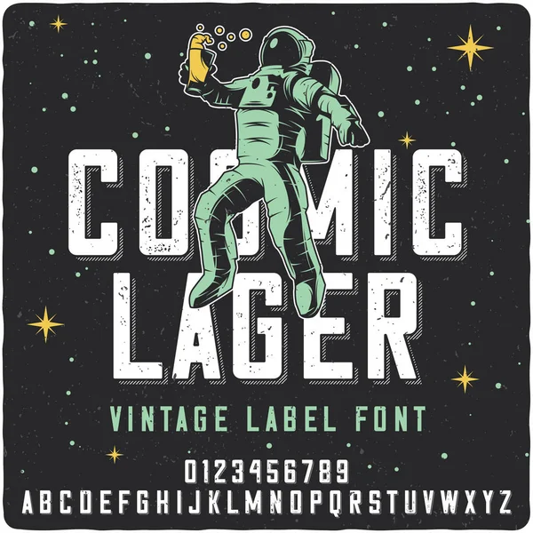Etiqueta Vintage Nombre Fuente Cosmic Lager Con Ilustración Astronauta Bebedor — Archivo Imágenes Vectoriales
