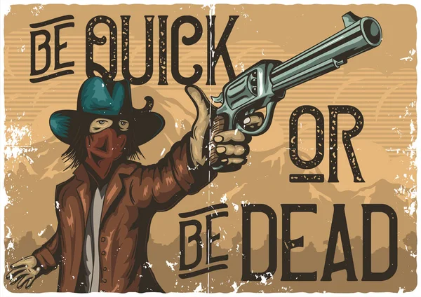 Plakatentwurf Mit Handgezeichnetem Cowboy Mit Pistole — Stockvektor