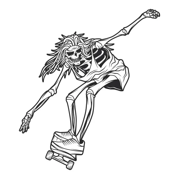 Isolada ilustração do esqueleto no skate. Vetor preto e branco ilustração isolada . — Vetor de Stock