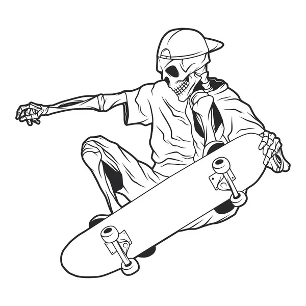 Geïsoleerde illustratie van het skelet op het skateboard. Vector zwart-wit geïsoleerde illustratie. — Stockvector