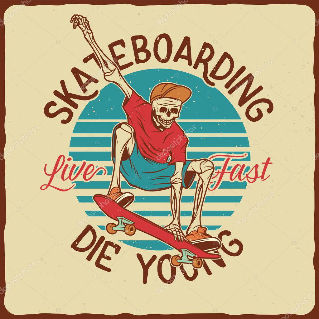 Illustration of the skeleton on the skateboard. Vector illustration. T-shirt or poster design.