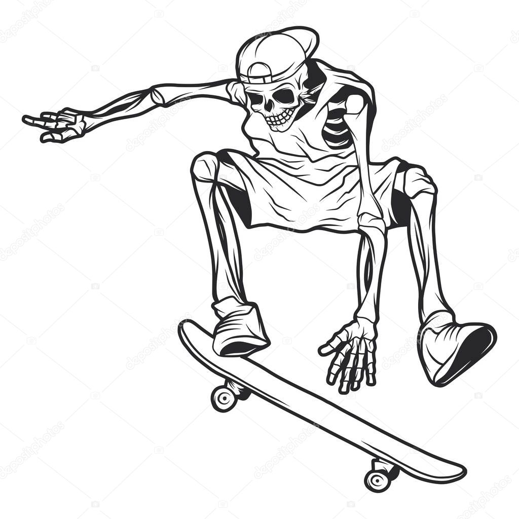 Isolated illustration of the skeleton on the skateboard. Vector black and white isolated illustration.