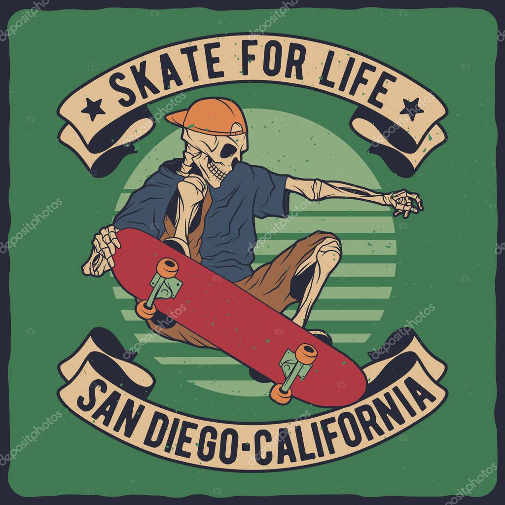 Illustration of the skeleton on the skateboard. Vector illustration. T-shirt or poster design.
