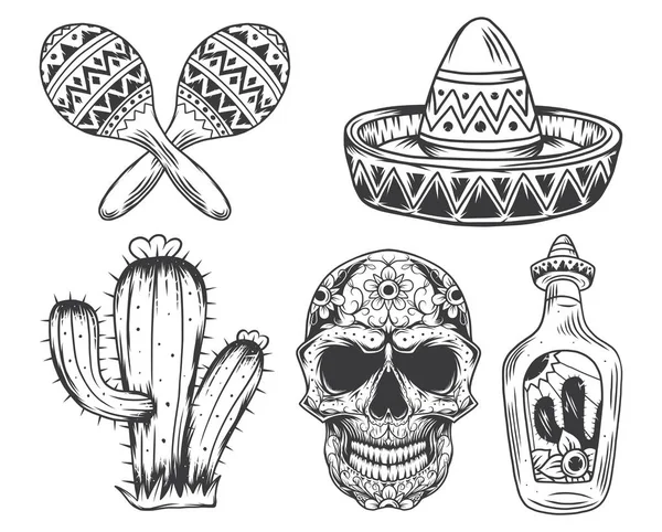 Isolated illustrations set of maracas, sombrero, cactus, mexican traditional skull and bottle of tequila. Black and white illustration. — Stock Vector