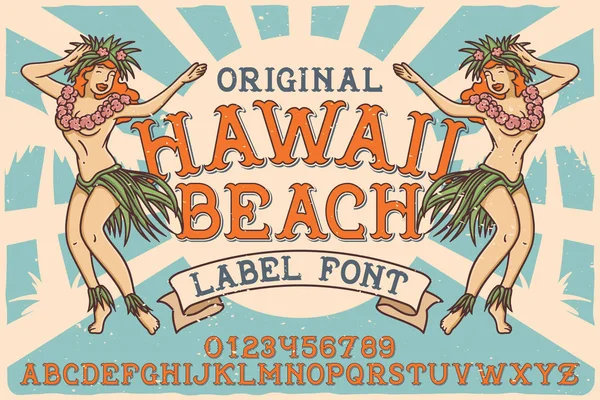 Fonte Vintage label nommée Hawaii Beach. Lettres et chiffres. Étiquette avec illustration et composition du texte . — Image vectorielle