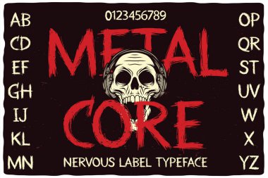 Metal Çekirdeği adlı el yapımı etiket yazı tipi. Poster, tişört, logo, etiket gibi tasarımlarınız için rakamlar içeren gergin yazı karakteri.