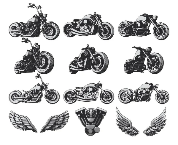 Izolovaná Sada Vlastních Motocyklů Křídel Motoru Ilustrace Pro Design Oděvů — Stockový vektor