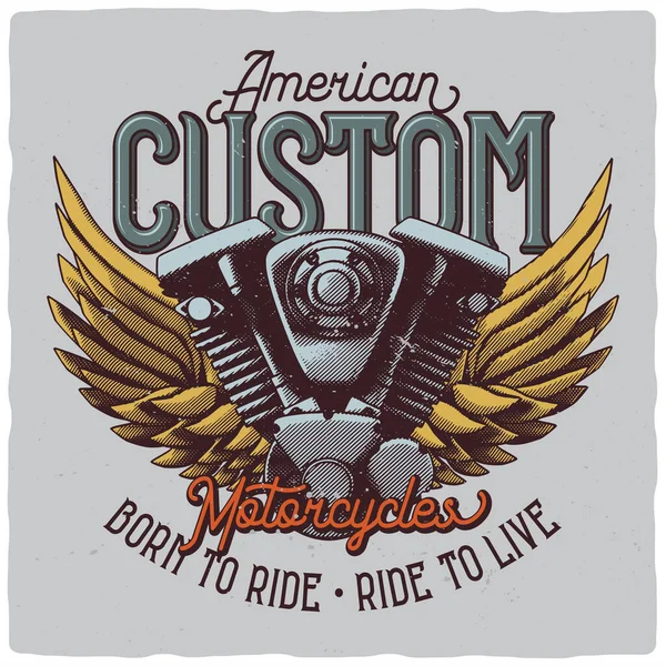 Camiseta Diseño Póster Con Ilustración Motor Motocicleta Alas Listo Diseño — Archivo Imágenes Vectoriales