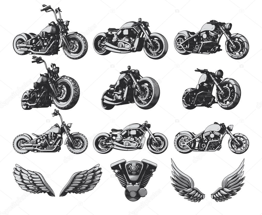 Isolated set of custom motorcycles, wings and engine. Illustrations for apparel designs, logotypes and labels.