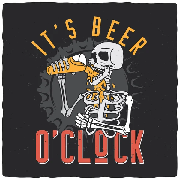 Shirt Poster Design Illustration Skeleton Drinking Beer Ready Apparel Design — Stock Vector
