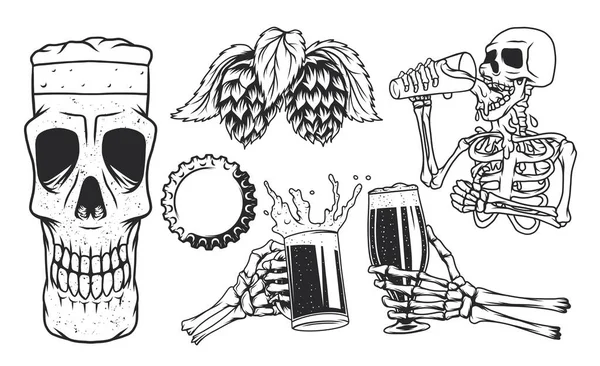 Illustrations Isolées Ensemble Mains Squelettes Avec Tasses Bière Squelette Buvant — Image vectorielle