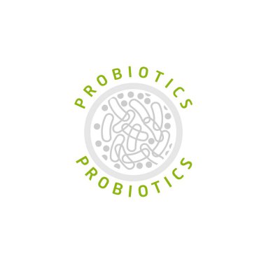 Probiyotikler logosunu görmeniz gerekir. Bakteri logosunu görmeniz gerekir. Tedavi amacıyla için sağlıklı beslenme madde kavramı. Basit düz stil trend modern logo grafik tasarım izole