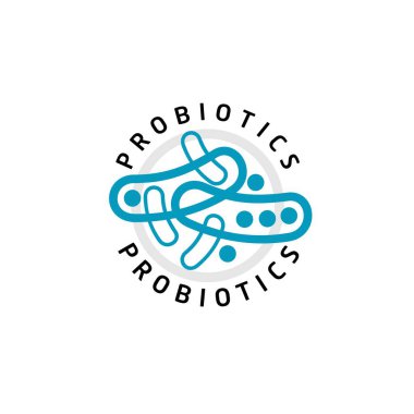 Probiyotikler logosunu görmeniz gerekir. Bakteri logosunu görmeniz gerekir. Tedavi amacıyla için sağlıklı beslenme madde kavramı. Basit düz stil trend modern logo grafik tasarım izole