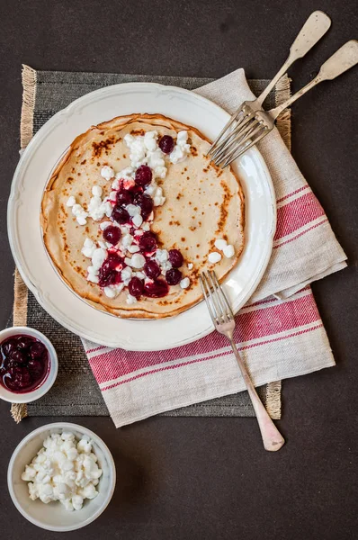 Cottage Cheese and Cranberry Jam Crepes — Stock Photo, Image