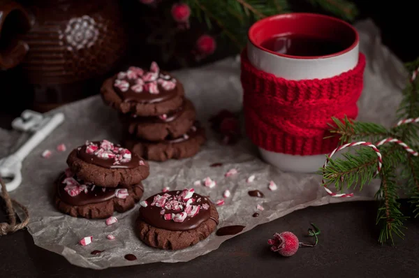 Chocolate Christmas Cookies with Crushed Candy Cane — Stock Photo, Image