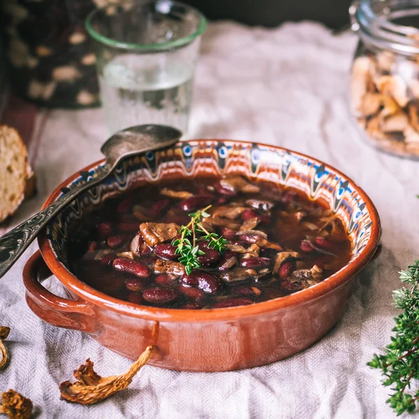 野生のキノコと腎臓豆のスープ — Stock fotografie