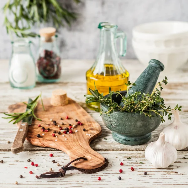 Herbs and Spices, Mortar and Pestle — Stock Photo, Image