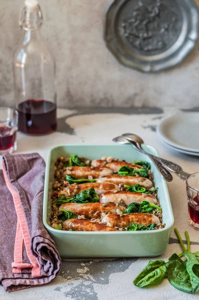 Lentils with Sausages and Spinach — Stock Photo, Image