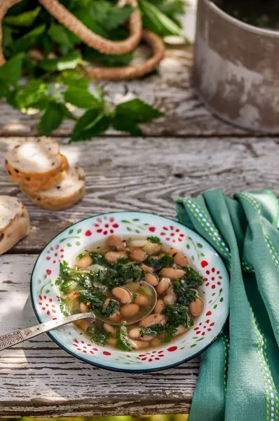 Nettle a bílá fazolová polévka — Stock fotografie