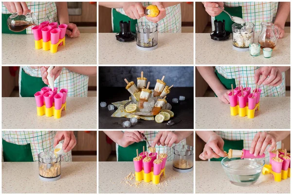 Un collage paso a paso de hacer paletas de pastel de queso de té helado —  Fotos de Stock