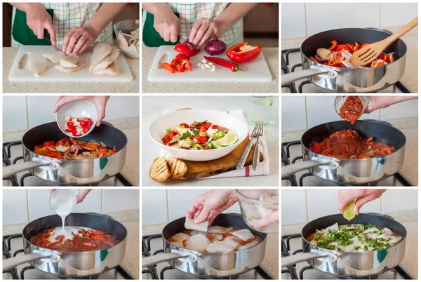A Step by Step Collage of Making Fish Stew — Stock Photo, Image