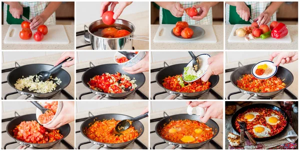 A Step by Step Collage of Making Shakshouka — Stock Photo, Image