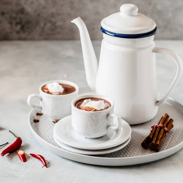 Hot Chocolate Chili Cinnamon Topped Whipped Cream Square — Stock Photo, Image