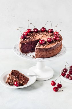 Çikolata talaşları ve tatlı kirazlarla süslenmiş dilimlenmiş çikolatalı pasta. Metnin için kopyalama alanı.