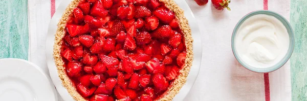 Φρέσκια Φράουλα Jelly Pie Graham Cracker Crust Banner — Φωτογραφία Αρχείου