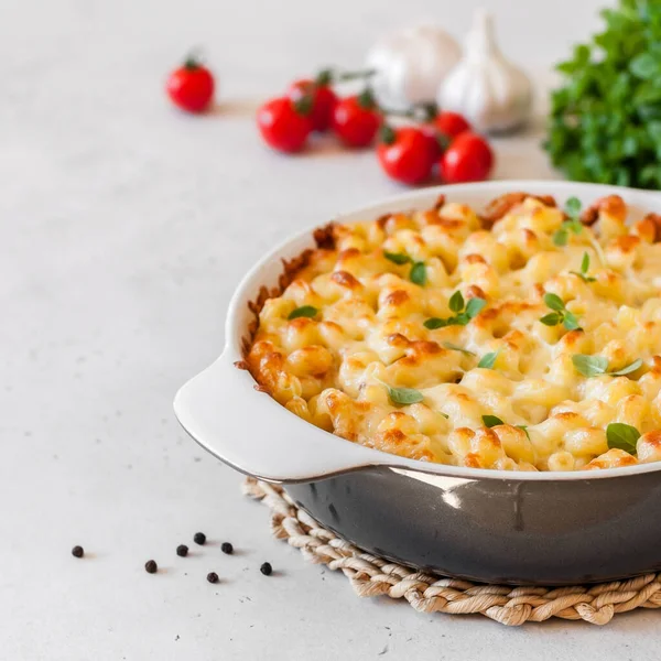 Macarrão Queijo Asse Quadrado Espaço Cópia Para Seu Texto — Fotografia de Stock