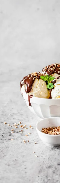 Vanilla Ice Cream Scoops Chocolate Ganache Chopped Nut Topping Banner — Stock Photo, Image