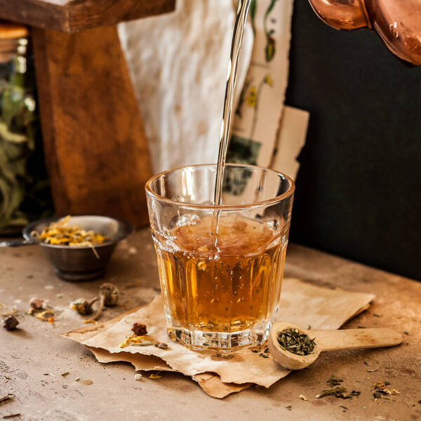 Pouring Herbal Tea into a Glass, Variety of Dried Herb Mixes, square