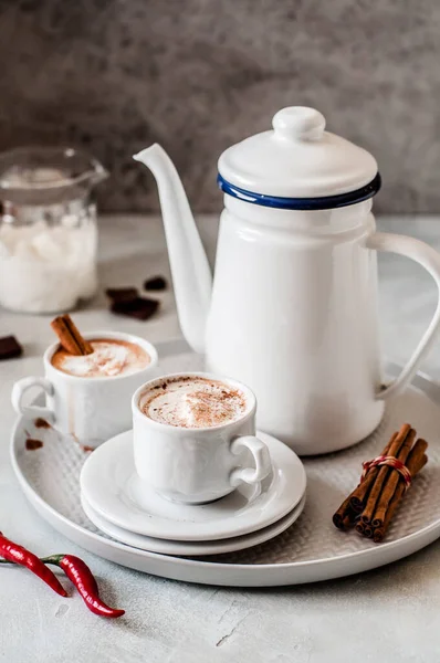 Hot Chocolate Chili Cinnamon Topped Whipped Cream Copy Space Your — Stock fotografie
