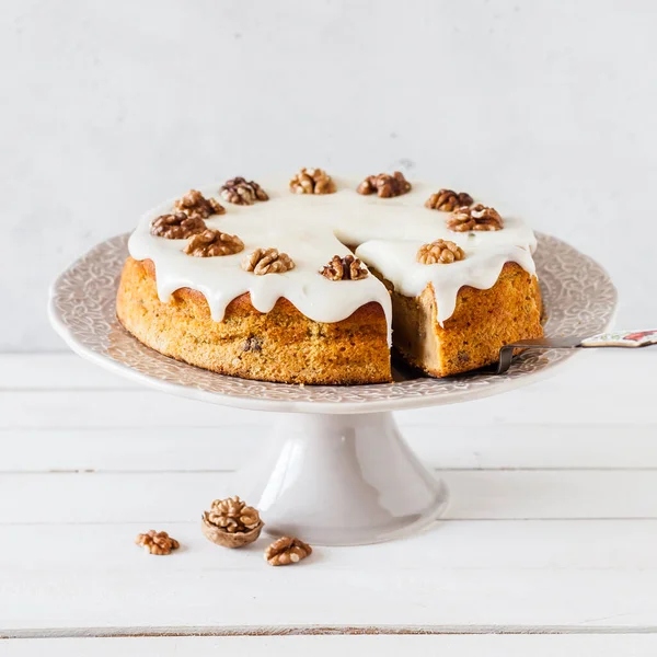 Pastel Calabaza Rodajas Con Nueces Glaseado Queso Crema Cuadrado — Foto de Stock