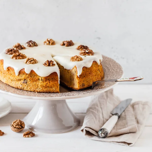 Torta Zucca Affettata Con Noci Crema Formaggio Glassa Quadrato — Foto Stock