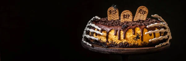 Κολοκύθα Cheesecake Εορταστική Απόκριες Διακόσμηση Πανό Αντίγραφο Χώρο Για Κείμενό — Φωτογραφία Αρχείου
