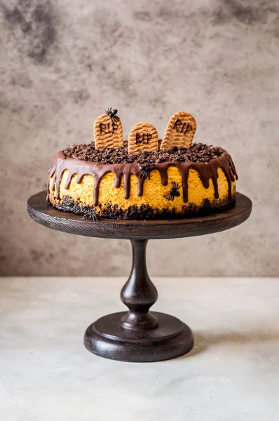 Kürbis Käsekuchen Mit Festlicher Halloween Dekoration Kopieren Sie Platz Für — Stockfoto