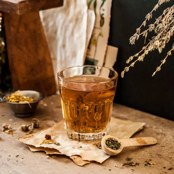 Herbal Tea Glass Variety Dried Herb Mixes Square — Stock Photo, Image