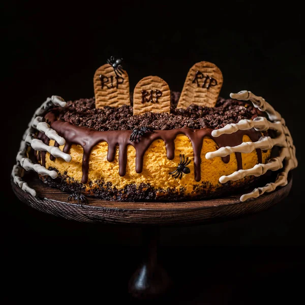 Torta Formaggio Alla Zucca Con Decorazione Festiva Halloween Quadrato — Foto Stock