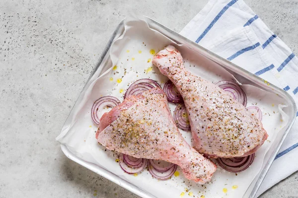 Two Uncooked Turkey Drumsticks Red Onion Copy Space Your Text — Stock Photo, Image