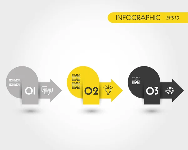 Κίτρινο στρογγυλό infographic τρεις αυτοκόλλητο με βέλη — Διανυσματικό Αρχείο