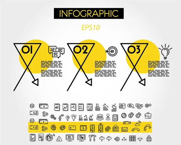 Infografía lineal amarilla x elementos con flecha — Archivo Imágenes Vectoriales