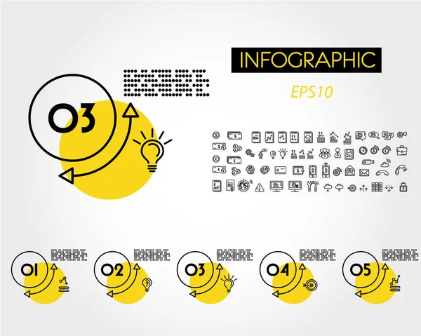 Conjunto infográfico lineal amarillo de círculos con arcos y flechas — Archivo Imágenes Vectoriales