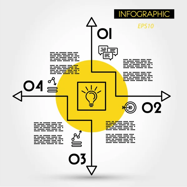 Cuadrado de infografía lineal amarilla con flechas y bombilla — Vector de stock