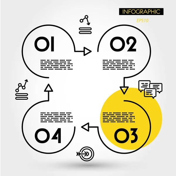 Žlutá lineární infografiky náměstí se čtyřmi kroužky — Stockový vektor