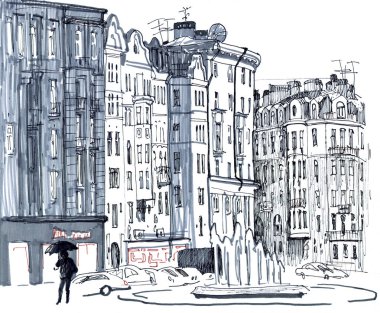 Şehir sahne. Yarım yamalak tarzı el marker kalem resimde grinin çekilmiş. Yağmurlu bir gün, eski evleri, street, Çeşme, arabalar, şemsiye ile insan figürü. Saint Petersburg, Rusya Federasyonu.