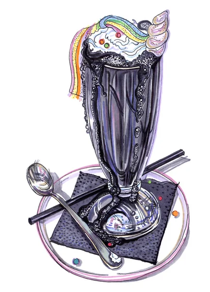 Black ice cream enhörning regnbåge milkshake. Söt hand dras markör penna illustration på vit bakgrund. Trendiga pastel goth sommaren efterrätt. — Stockfoto