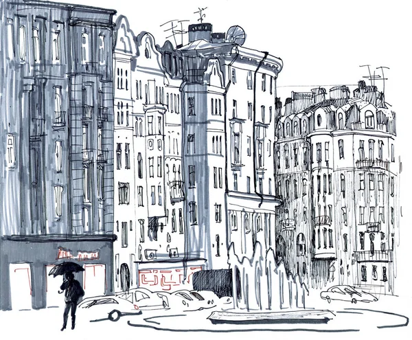 City scene. Sketchy style hand drawn marker pen illustration in shades of gray. Rainy day, old houses, street, fountain, cars, human figure with umbrella. Saint Petersburg, Russia. — Stock Photo, Image