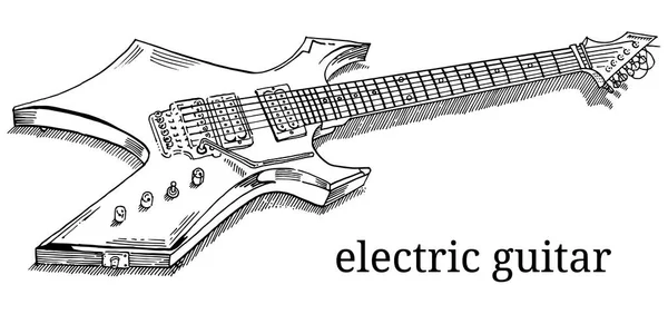 Primo piano della chitarra elettrica bugiarda. Linea arte, contorno, pagina da colorare isolata su sfondo bianco. Illustrazione vettoriale in stile abbozzato disegnata a mano. Heavy metal, musica rock, concerto, festival . — Vettoriale Stock